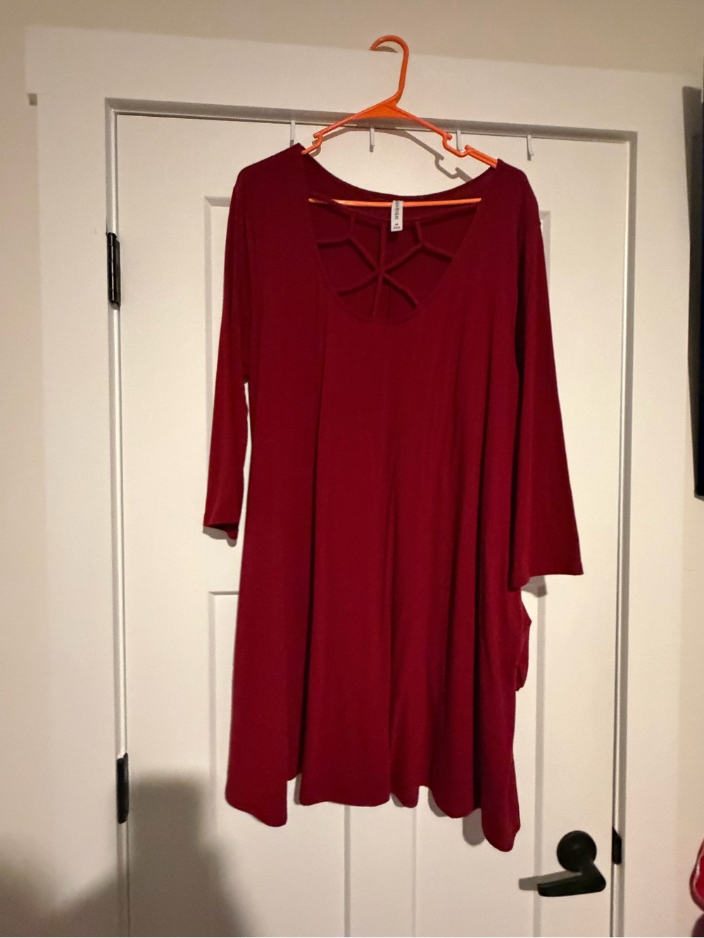 Women's Maroon Long Sleeve Swing Dress with Lattice Back Detail